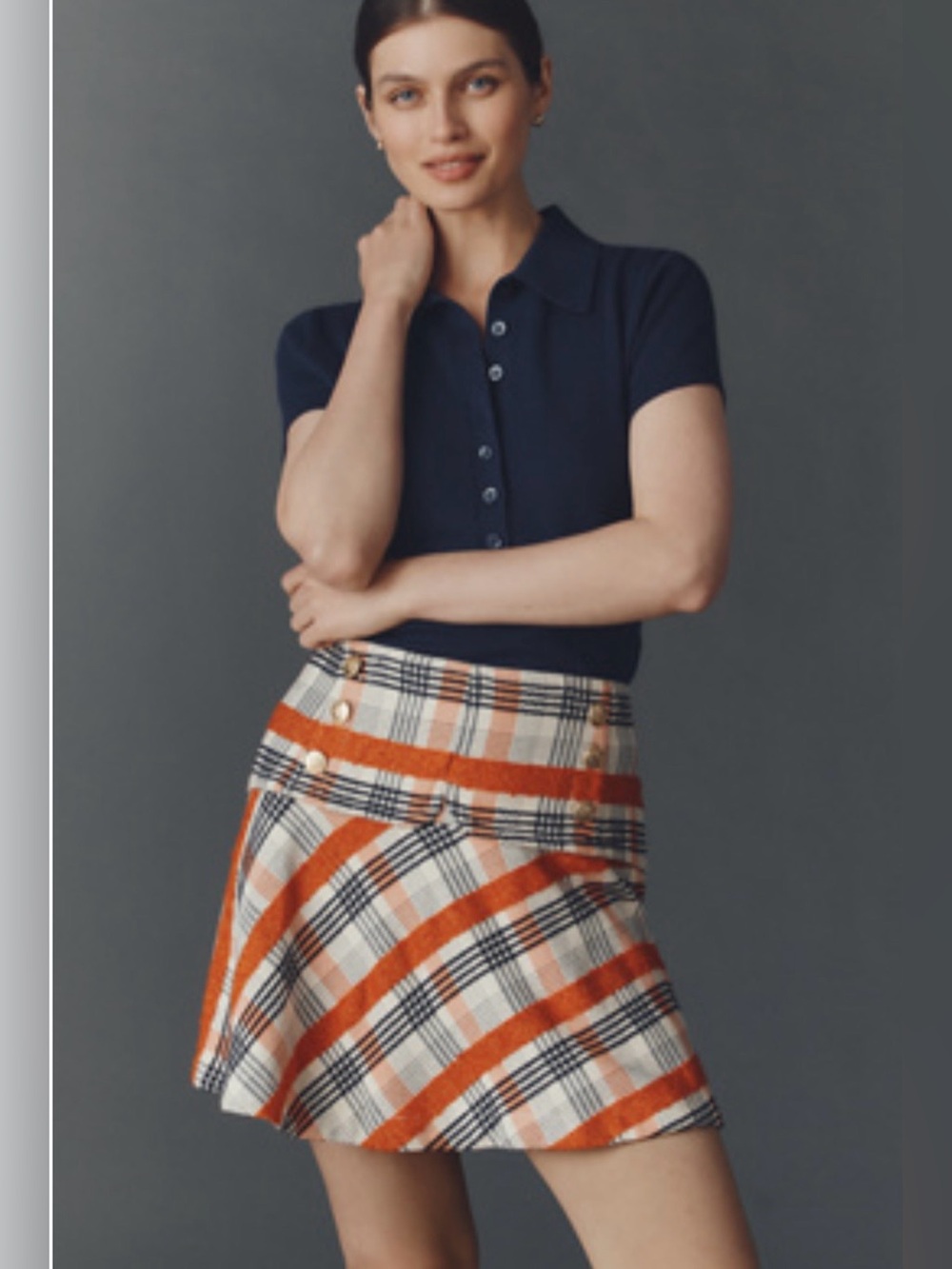 Anthropologie Red, Cream & Black Plaid Skater Skirt with Gold Buttons